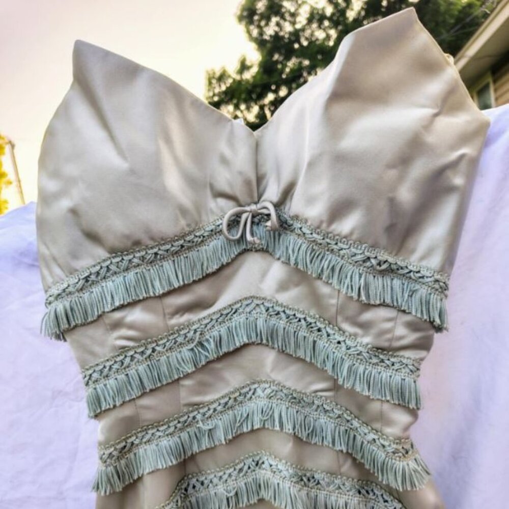 🍸  🥂 🍾 1950s Edward Abbott Designer Gown | Pale Mint Green Satin + Fringe | V